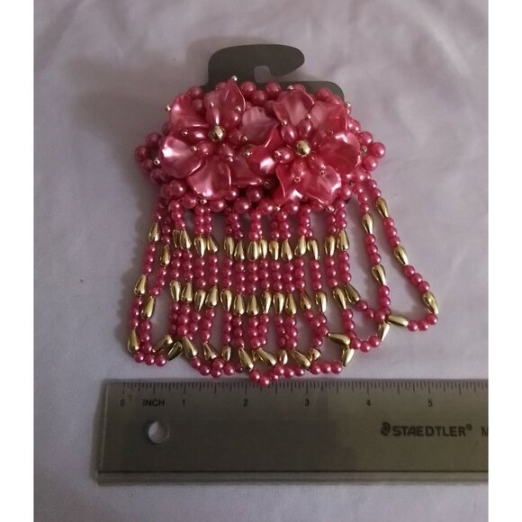 Pink Floral Hair Clip Barrette With Beaded Tassels - Picture 2 of 4